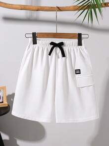 SHEIN Tween Boys' Casual Summer White Cargo Shorts,Comfortable Tight Patch Pocket Contrast Trim Loose Straight Leg Pants For School,Garden,Beach,Birthday - Black - View 2
