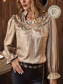 LanaWest Women's Gold Velvet Ruffle Collar Shoulder Pleated Long Sleeve Blouse, Elegant Western Party Wear, New Year - - Gold - View 8