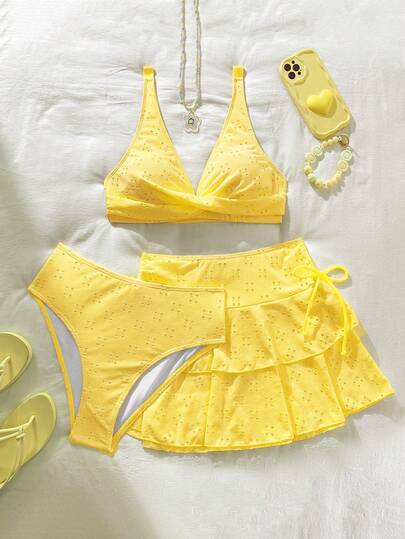 Swim Mod 女士夏季沙滩可爱纯色针织提花面料上衣（胸前交叉设计）、双层蛋糕迷你裙（侧边系蝴蝶结）和泳衣三件套