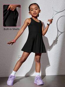 SHEIN 年轻女孩纯色针织圆领无袖修身休闲连衣裙/运动装 - 黑色 - 查看 3