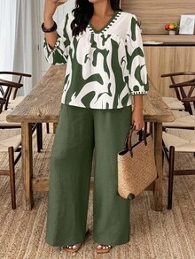 Weeklong 大码女式灯笼袖V领衬衫搭配阔腿裤休闲套装，适合日常、聚会和假日穿着 - 彩色 - 查看 4