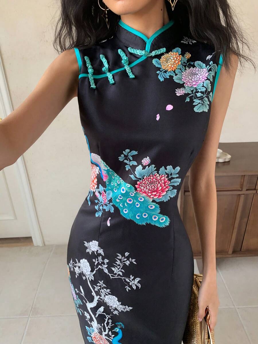 EastFlair 女士优雅孔雀花卉印花撞色装订中式领合身长旗袍连衣裙，夏季