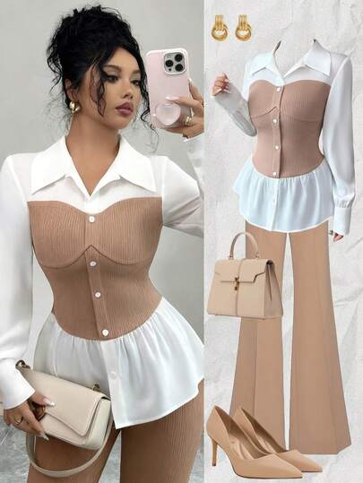 Lyxana 女式梭织衬衫领插肩长袖褶皱拼色金属纽扣装饰修身优雅休闲衬衫，秋冬