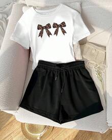 Set de 2 piezas de camiseta y pantalones cortos con estampado de Moños - Blanco - Ver 1