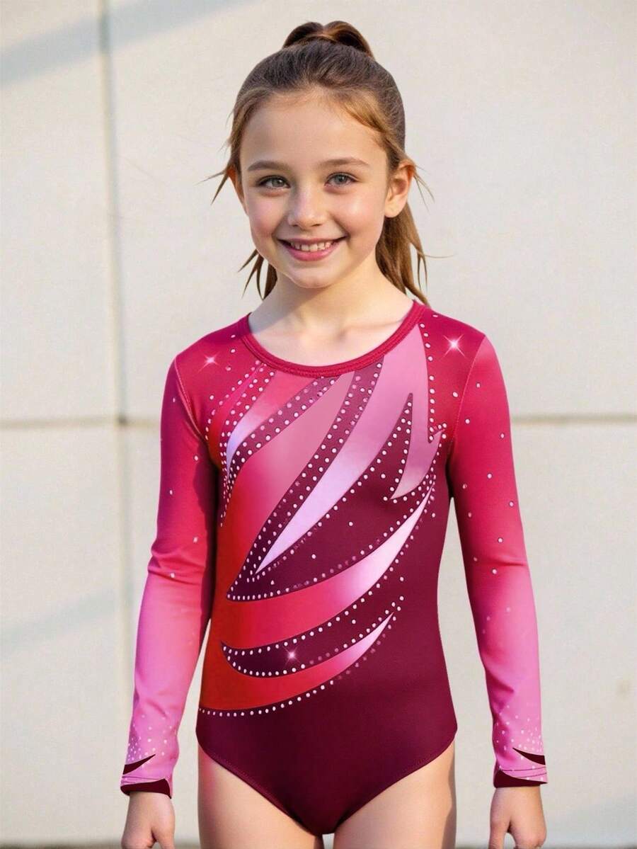 SHEIN 青少年女孩 1 件体操紧身衣,可爱长袖连体衣,舞蹈运动服,黑色弹力体操服 - 彩色 - 查看 1