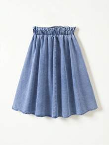 女童蓝色牛仔荷叶边腰部长裙 - 淺色水洗藍 - 查看 2