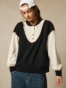 SoleilVie Áo sweatshirt dài tay nữ kiểu vintage phối màu tương phản, khoét rỗng, chất liệu jacquard, thích hợp cho năm mới, thanh lịch, màu trắng, mùa thu, lý tưởng cho những buổi đi chơi và vui vẻ, phong cách retro, thập niên 70, kiểu áo preppy. - Đen và trắng - Xem 4