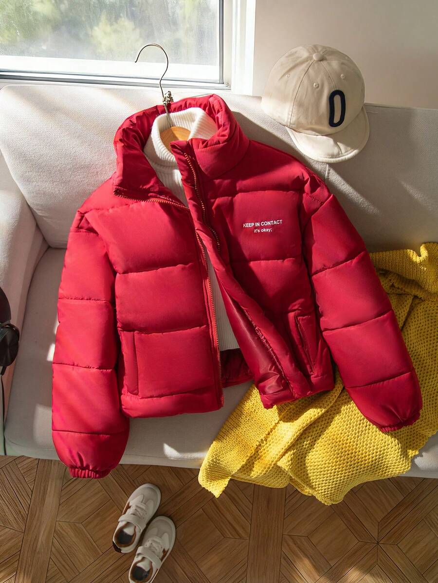 SHEIN 少女休闲百搭通勤宽松立领字母印花羽绒服，秋冬季保暖 - 酒紅色 - 查看 1