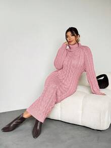 Firerie Váy len cổ tròn màu trơn thường ngày cho nữ Váy len midi Váy len cho nữ Váy cổ lọ Váy dệt kim cáp Váy dệt kim cho mùa thu/đông - Hồng - Xem 3