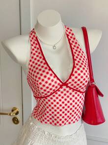 Comfortcana Women's Red And White Plaid Halter Neck Top,Summer Cottage Core Vacation Beach Casual Plaid Print Tops,Fashionable Christmas New Year Party Top - Multicolor - View 4