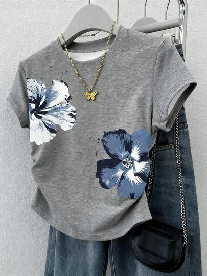 Resyla Summer New Exaggerated Ink Painting Floral Pattern Short Sleeve T-Shirt, Women's Waist Slimming Casual Tee For Daily Wear, Outing, Outdoor, Artistic Element