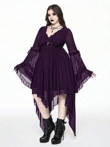 ROMWE Goth 大码哥特式优雅提花网纱不规则飘逸下摆双层荷叶边喇叭袖派对连衣裙，秋冬大码长袖飘逸哥特式日常连衣裙，秋冬日常女装连衣裙，大码深紫色秋冬女装连衣裙，圣诞长款女装连衣裙 - 紫色 - 查看 2