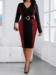 SHEIN Lady Đầm ôm dáng thanh lịch cổ chữ V họa tiết hình học cỡ lớn cho nữ - Nhiều màu - Xem 4