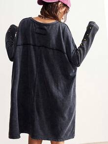 Bohemela Váy dài tay cổ tròn dệt kim màu trơn đơn giản, dáng rộng, giặt sạch dành cho nữ - màu đen - Xem 9