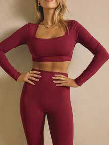 Aralina Leisurewear Lace Trim Long Sleeve Crop And Legging Active Gym Workout Two Pieces Women Set - Burgundy - View 7