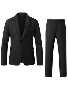 Manfinity Mode 男士黑色休闲商务西装套装，采用纹理面料制成，适合日常通勤穿着，也是送给男朋友和丈夫的理想礼物男士黑色两件套西装，老款 - 黑色 - 查看 3