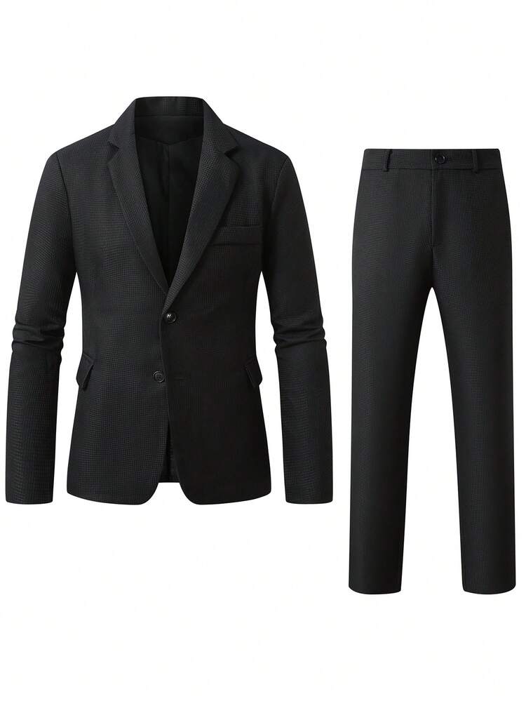 Manfinity Mode Conjunto de traje casual de negocios para hombres, hecho de tela texturizada, adecuado para el uso diario, también es un regalo ideal para novios y esposos. Traje negro de dos piezas, Old Money - Negro - Añade 3