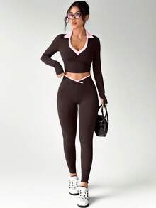 Dewbera Conjunto deportivo de mujer con cuello polo de moda, mallas deportivas plisadas y bolsillo para teléfono, adecuado para ejercicios de yoga - Marrón - Ver 6