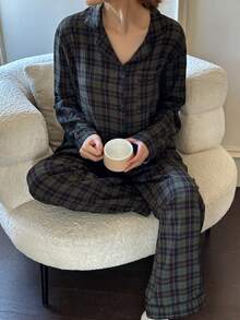 Dream Adore Conjunto de Pijama Casual Feminino de Manga Longa com Estampa Xadrez Verde e Preta e Gola Lapela