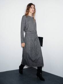 Lumivelle 女士优雅灰色宽松圆领长袖连衣裙，松紧腰身，A字中长裙摆，宽松袖子，常规长度，休闲日常穿着，基础圆领设计，适合日常通勤和休闲场合 - 深灰色 - 查看 6
