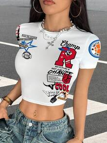SHEIN EZwear 休闲圆领修身街头风格运动 T 恤，带字母徽章和兔子图案 - 白色 - 查看 6