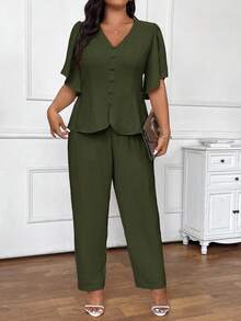 SHEIN Frenchy Plus Size Summer Simple Solid Color Textured Button Decor Top And Pants Set,Business Casual Woman,Holiday Outfits For Women In Fall/Winter - Army Green - View 5