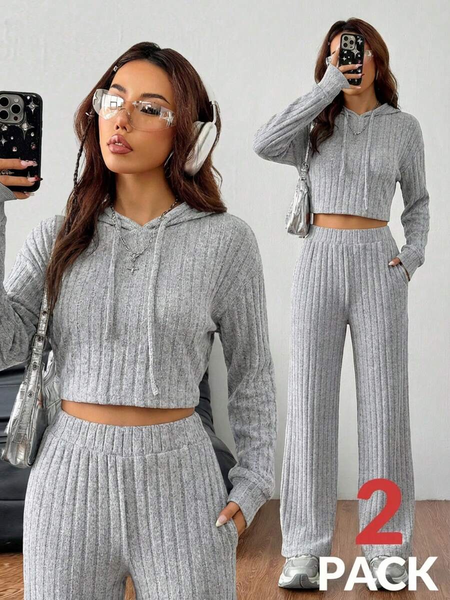 Conjunto cómodo de 2 piezas para mujer tejido a juego - Gris - Ver 1