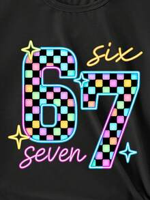 SHEIN 这款少女休闲时尚创意个性清新简约彩色格子67号星星图案字母标语印花舒适基础款短款T恤，适合春夏秋三季穿着，是少女日常穿着的理想之选。 - 黑色 - 查看 6
