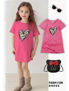 SHEIN Young Girl Leopard & Heart Print Tee Dress - Hot Pink - View 1