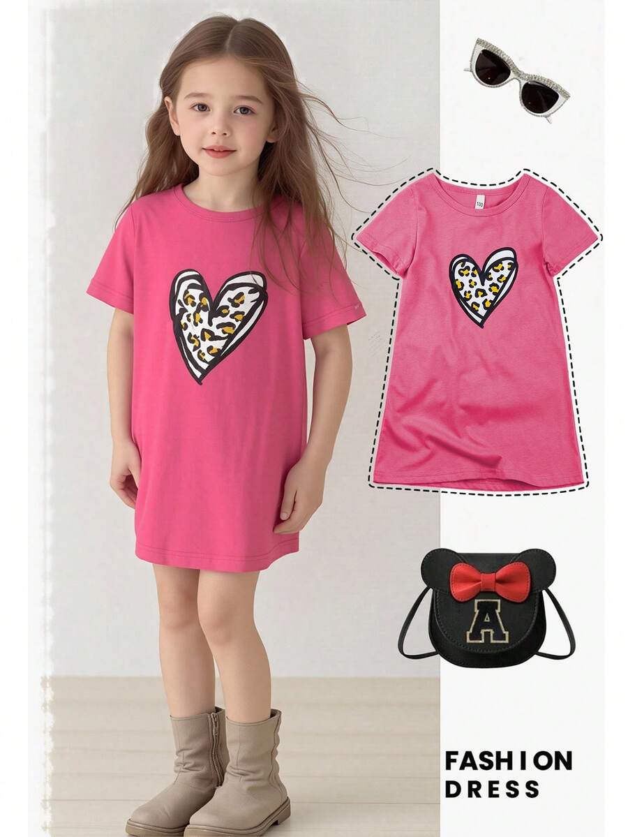 SHEIN Young Girl Leopard & Heart Print Tee Dress - Hot Pink - View 1