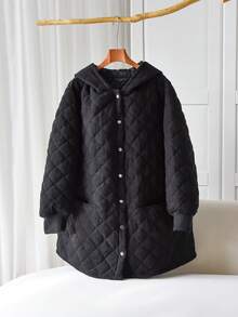 SHEIN CURVE+ 加大码灯芯绒绗缝连帽长袖口袋长款厚外套 - 黑色 - 查看 10