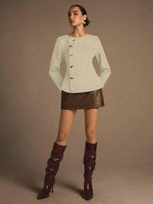 Modelyn 1件女士梭织无弹力长袖金属纽扣修身衬衫，时尚优雅 - 杏色 - 查看 6