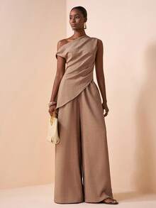 Zivah 新款春夏休闲优雅通勤卡其色亚麻上衣，单肩荷叶边不对称下摆，搭配高腰阔腿裤，女士两件套，适合日常穿着、约会、情人节、派对、婚礼宾客、机场穿搭、早午餐、旅行、度假、波西米亚风、节日和通勤等场合。 - 卡其色 - 查看 7