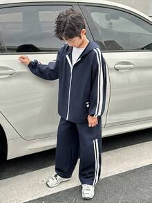 SHEIN Little Byeori 2pcs Tween Boy Casual Korean Style Loose Fit Hooded Jacket And Drawstring Pants Set, Suitable For Autumn/Winter Athleisure Tracksuit