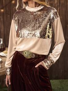 LanaWest Western Style Velvet Sequin Slit Long Sleeve Sweatshirt, Versatile For Winter New Year Party, Multi-Occasion Wear - Khaki - View 6