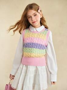 Sparklyn 春秋马卡龙拼色条纹纹理无袖圆领可叠穿毛衣背心女童款，常规厚度，适合日常休闲、上学、户外、聚会场合 - 彩色 - 查看 1