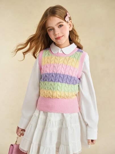 Sparklyn Vår & höst Macaroon Color Block Randig Texturerad Ärmlös Rund Halsringning Lager-på-lager Tröja För Flickor, Normal Tjocklek, Lämplig För Vardagsliv, Skola, Utomhus, Samlingar