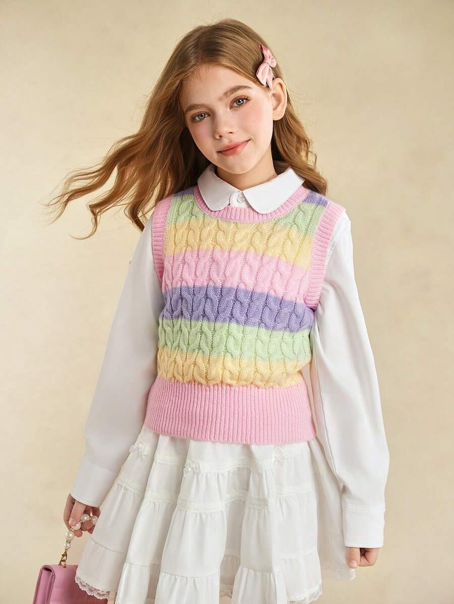 Sparklyn 春秋马卡龙拼色条纹纹理无袖圆领可叠穿毛衣背心女童款，常规厚度，适合日常休闲、上学、户外、聚会场合 - 彩色 - 查看 1