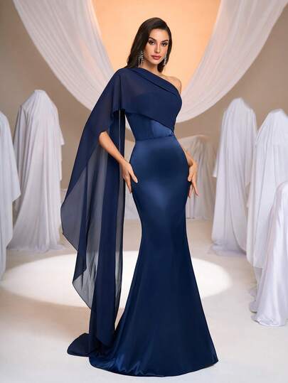 Aureia Elegant Minimalist Strapless Mermaid Design Bodycon Robe, Slate Blue Evening Gown, Formal Dress, Cocktail Dress, One Shoulder Flare Sleeve Dress, Guest Party Dress, Formal Robe Navy Blue Elegant Dress One Sleeve Dress One Shoulder Dress Royal Blue Elegant Dress Women