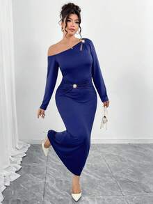 Elenzga Plus Size Royal Blue Autumn Elegant Formal Asymmetrical Shoulder Soft Knit Dress,Shoulder Slit Metal Buckle,Waist Twist Decor,A-Line Hem,Outing Party - Royal Blue - View 5