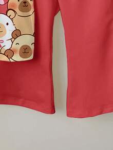 2pcs/Set Young Girl Cute Capybara Cartoon Animal Print Raspberry Red Crew Neck Short Sleeve Top And Flare Pants Outfit,Summer,Family Matching Clothes - Multicolor - View 6