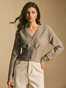 Poéselle Elegant Women's Fitted, Front-Opening Button-Down Knit Sweater, Suitable For Commuting, Brown V-Neck Cardigan.,Sweaters For Women - Khaki - View 1