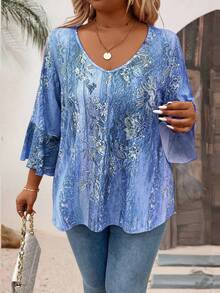 Áo thun nữ cổ tròn tay 3/4 in họa tiết kỹ thuật số thường ngày cỡ lớn dành cho nữ - Màu xanh lam - Xem 7