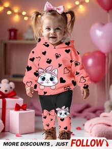 SHEIN Happikins 2pcs Baby Girl Casual Cute Cat Heart Print, Bow Decor Loose Fit Letter Graphic Pullover Hoodie And Pants Set, Sweet & Minimalist Fall Winter - Multicolor - View 1