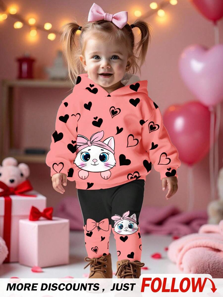 SHEIN Happikins 2pcs Baby Girl Casual Cute Cat Heart Print, Bow Decor Loose Fit Letter Graphic Pullover Hoodie And Pants Set, Sweet & Minimalist Fall Winter - Multicolor - View 1