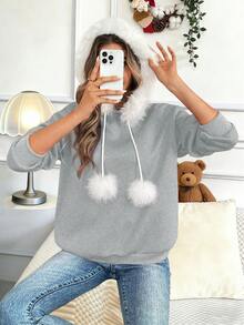 SHEIN LUNE Áo nỉ rộng rãi có mũ trùm đầu chắp vá lông thú dành cho nữ, trang phục thu đông cho năm mới - Xám - Xem 4