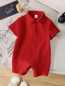 SHEIN 新生儿男女宝宝柔软舒适休闲日常白色短袖针织连体衣，适合室内、室外、日常穿着、运动、玩耍、派对、拍照、度假、节日、婚礼、迎婴派对、洗礼和周岁生日等场合。 - 紅色 - 查看 7