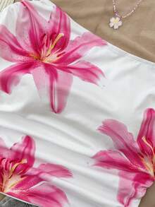 少女白色针织休闲度假优雅波西米亚热带花卉印花褶皱不对称露脐吊带背心，适合春夏穿着，休闲百搭，可打造个性造型，日常穿着，室内亦可。 - 白色 - 查看 4