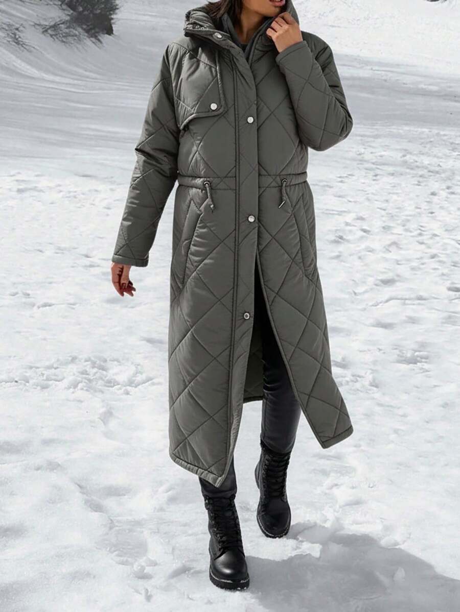 EURMUSE Solid Color, Drawstring Waist, Winter Coat - Green - View 1