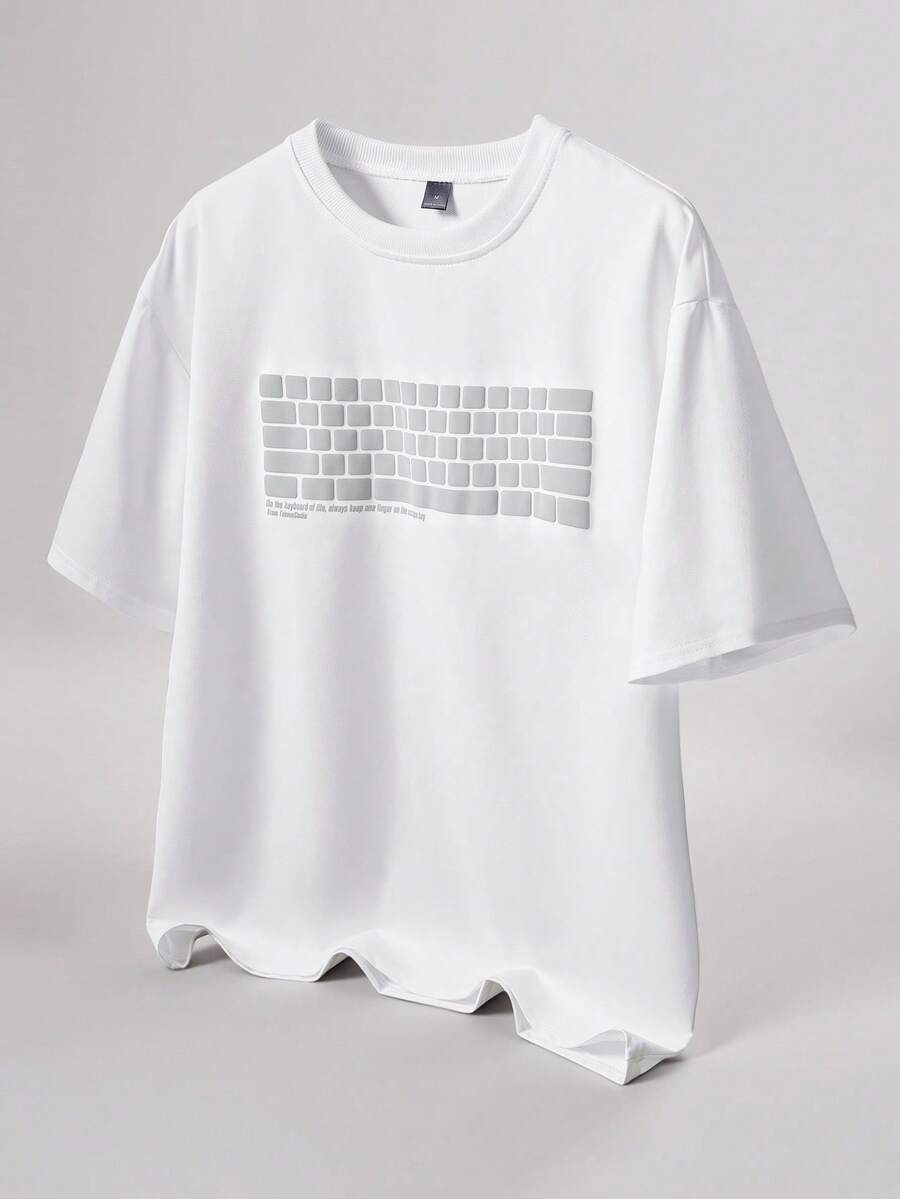 TOKVUE 男士休闲街头风畅销四季皆宜T恤，印有键盘和字母图案，适合日常穿着、居家、游戏、户外音乐节、朋友聚会、送给男友/老公的礼物、周年纪念礼物。 - 白色 - 查看 1